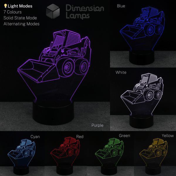 Construction themed 3D Bobcat skid steer loader night light with colour-changing options on a dark background
