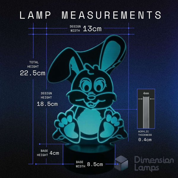 A product measurement graphic for a rabbit-shaped LED lamp with overlaid dimensions for design width, design height, base height, and base width.