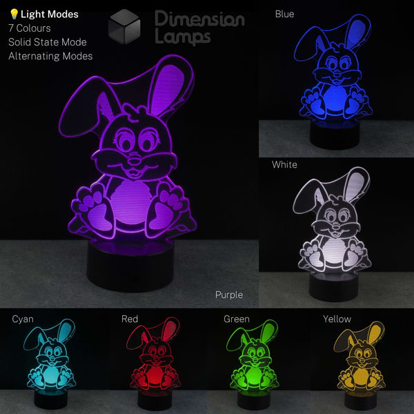 A 3D optical illusion rabbit night light in multiple colour modes on a dark background. Shown in in purple, blue, white, cyan, red, green, and yellow.