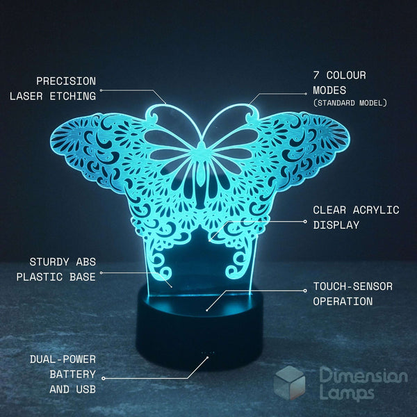 A butterfly-shaped LED night light with laser-cut ornamental patterns on a black cylindrical base, shown glowing in cyan-blue light against a dark background. White text callouts label features such as precision laser etching, 7 colour modes, clear acrylic display, sturdy ABS plastic base, touch-sensor operation, and dual-power battery and USB.
