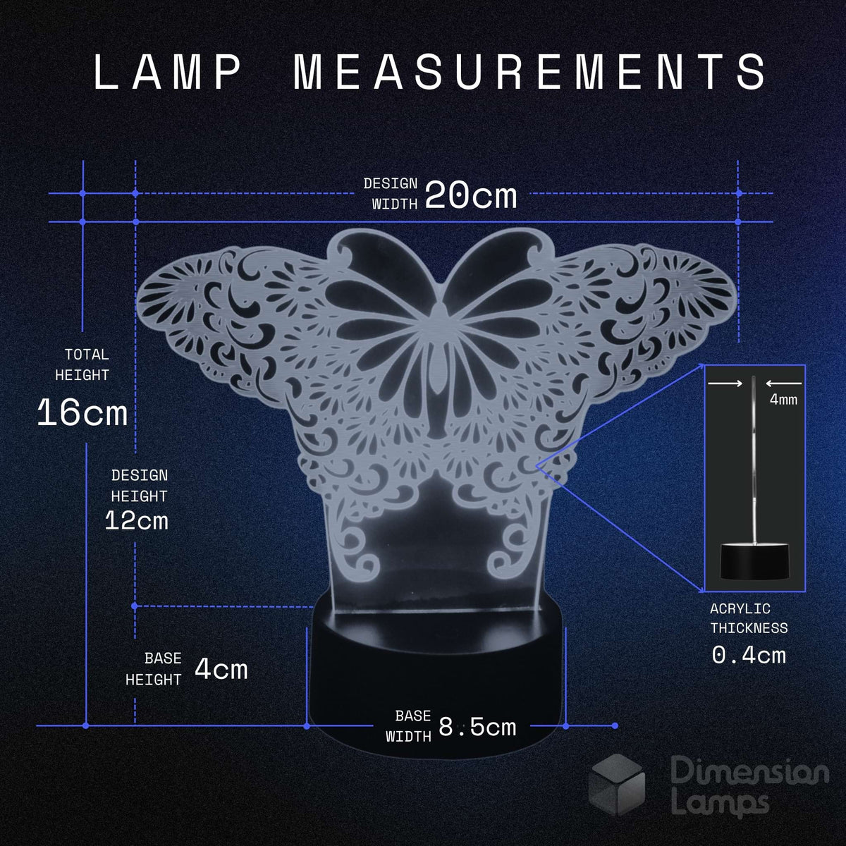 Lamp measurement diagram showing a butterfly-shaped acrylic lamp with dimensions labelled: design width 20cm, total height 16cm, design height 12cm, base height 4cm, base width 8.5cm, and acrylic thickness 0.4mm.