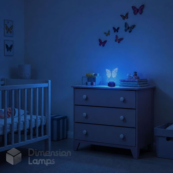 A softly glowing blue butterfly 3D illusion LED night light sits on a nursery dresser, casting a gentle ambient glow across a calm baby bedroom with butterfly wall decorations, books, toys, and a white cot.