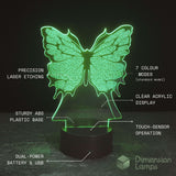 Features of the Butterfly LED 3D lamp (standard): 7 colour modes, precision laser etching, clear acrylic display, sturdy ABS base, smart-touch operation, dual power (battery & USB).