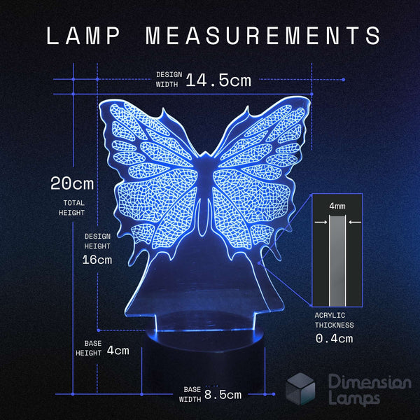 Lamp measurements diagram showing a butterfly-shaped acrylic lamp with dimensions labelled: design width 14.5cm, total height 20cm, design height 16cm, base height 4cm, base width 8.5cm.