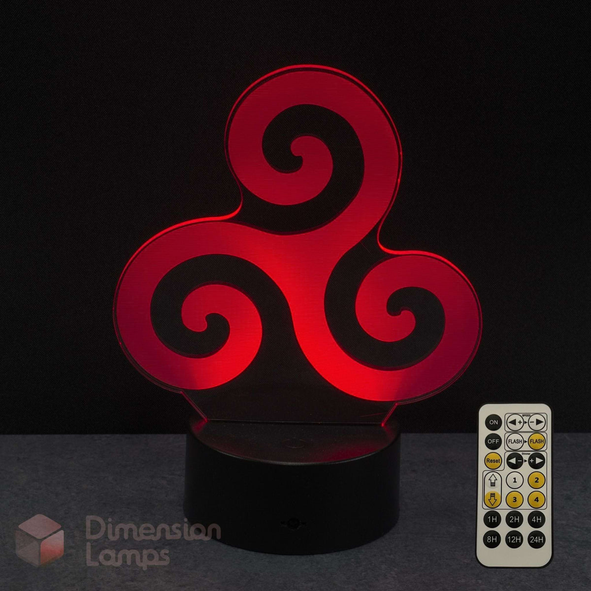 A red triple spiral LED night light on a black base with a white remote control, shown against a dark background with a 'Dimension Lamps' watermark.