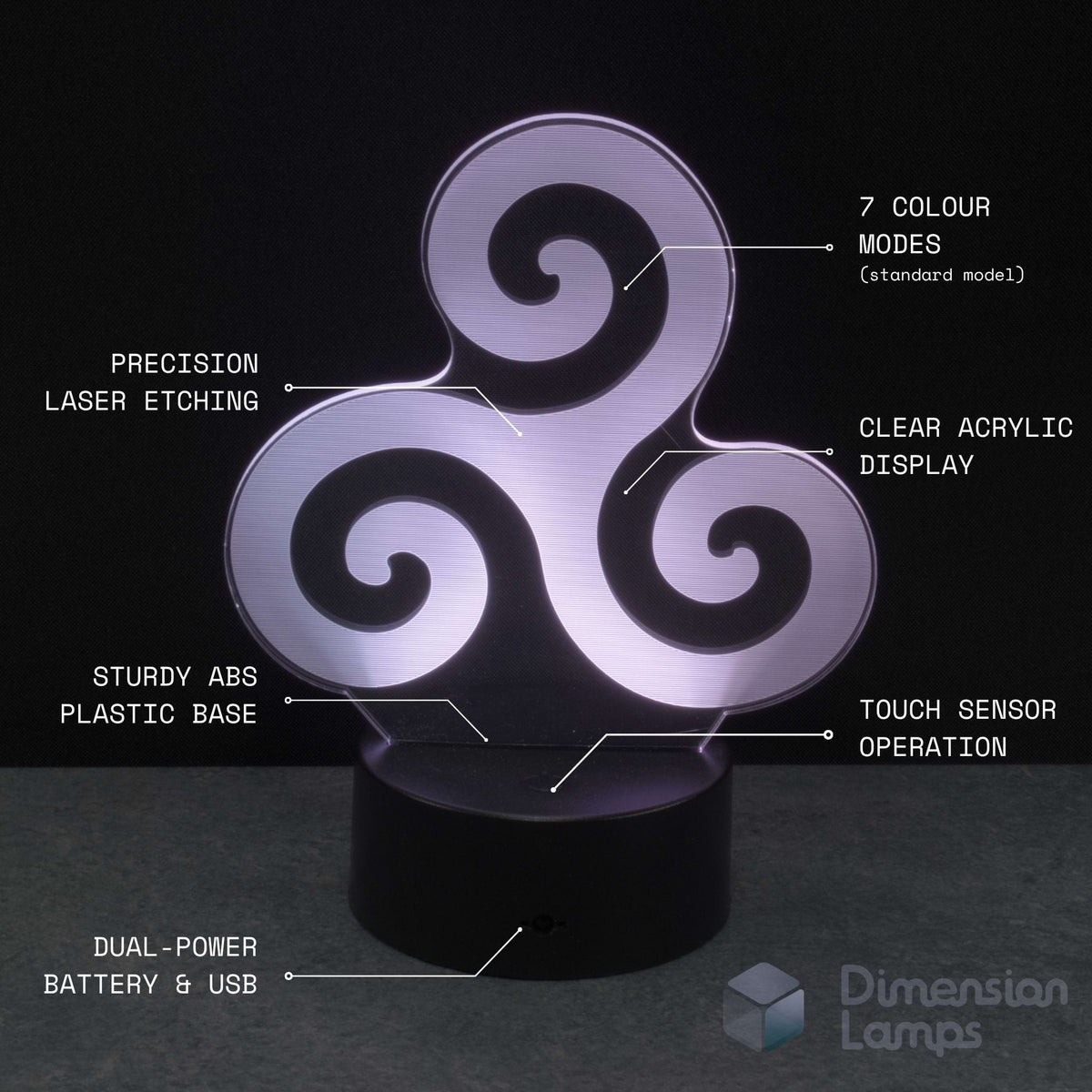 A 3D optical illusion lamp with a glowing white triskelion design on a black base, featuring text callouts detailing its features like '7 colour modes', 'precision laser etching', and 'clear acrylic display'. Celtic art gift.