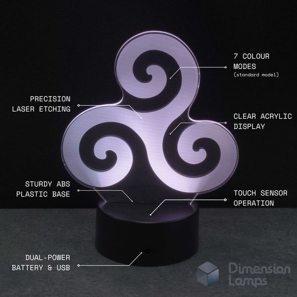 A 3D optical illusion lamp with a glowing white triskelion design on a black base, featuring text callouts detailing its features like '7 colour modes', 'precision laser etching', and 'clear acrylic display'. Celtic art gift.