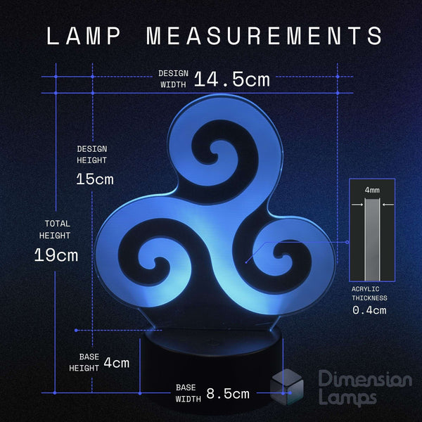 A dimension diagram of a blue illuminated acrylic lamp with a swirling triskelion design on a black base, showing measurements of 14.5cm width, 15cm height, and 19cm total height, with a small inset showing the 4mm acrylic thickness.