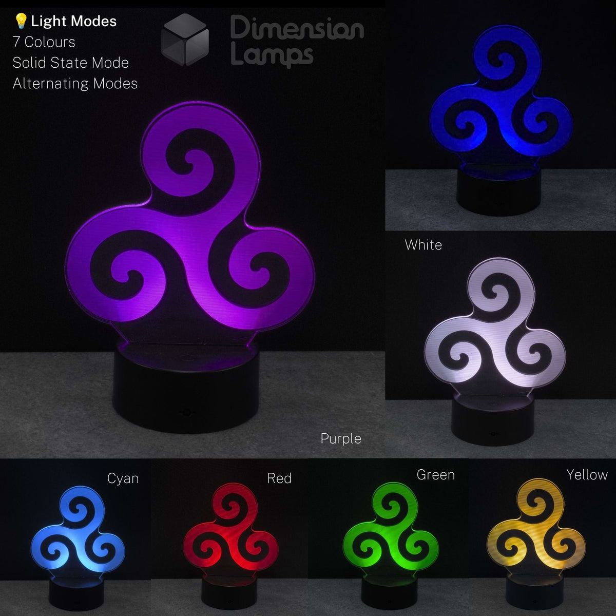 An LED triskelion night light shown in multiple color modes on a dark background, with text labels for Light Modes and Dimension Lamps. The main view shows the lamp glowing purple, with inset panels showing other available colors: white, cyan, red, green, yellow, and blue.