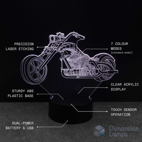 Motorcycle-shaped night light with features listed on a black background