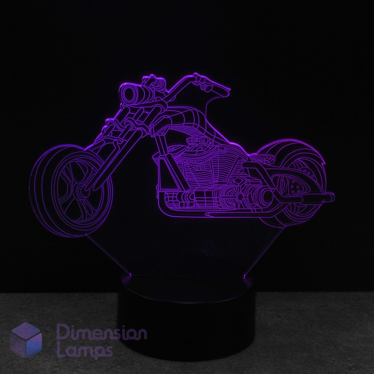 Motorcycle Harley Chopper style night light glowing purple on a black background