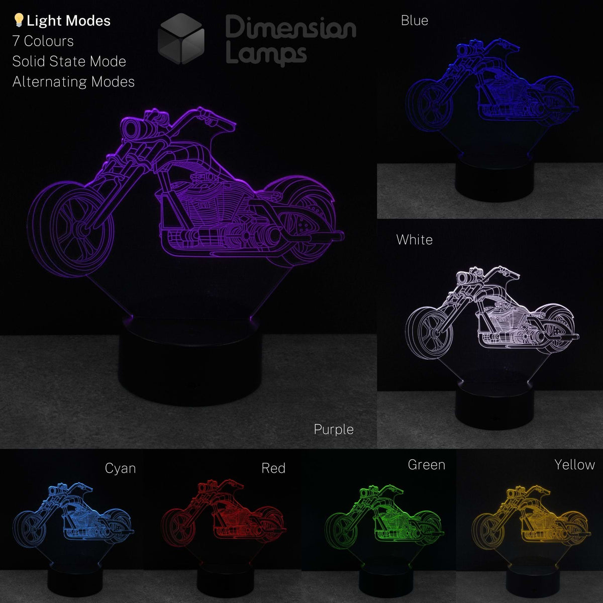 Road bike cruiser night light displaying various colours on a dark background