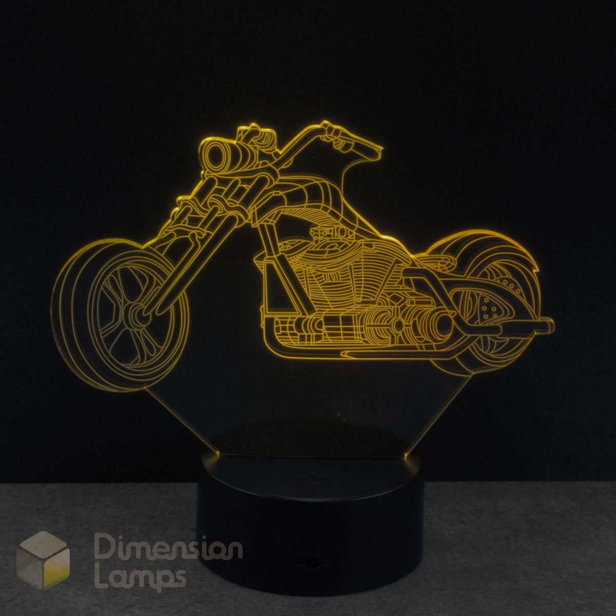 Motorcycle chopper style night light on a black background with 'Dimension Lamps' branding.