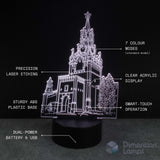 3D architectural model night light with technical specifications on a black background