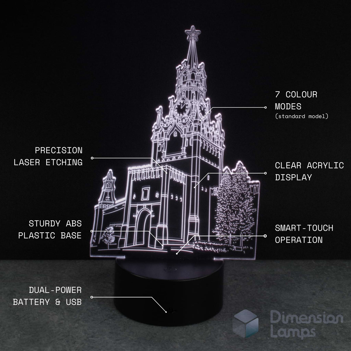 3D architectural model night light with technical specifications on a black background