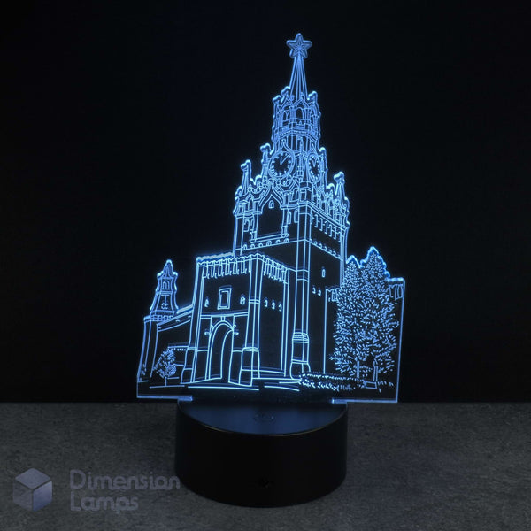 3D architectural model of a cathedral kids nightlight illuminated with blue light on a black background