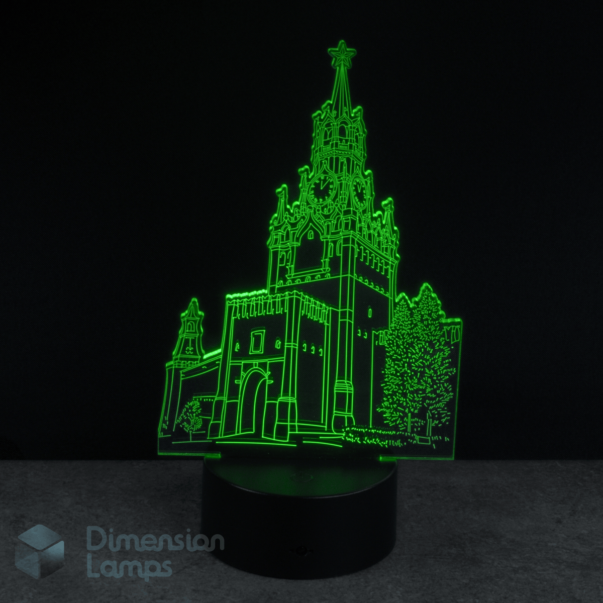 Kids nightlight 3D architectural model lamp with green lighting on a black background