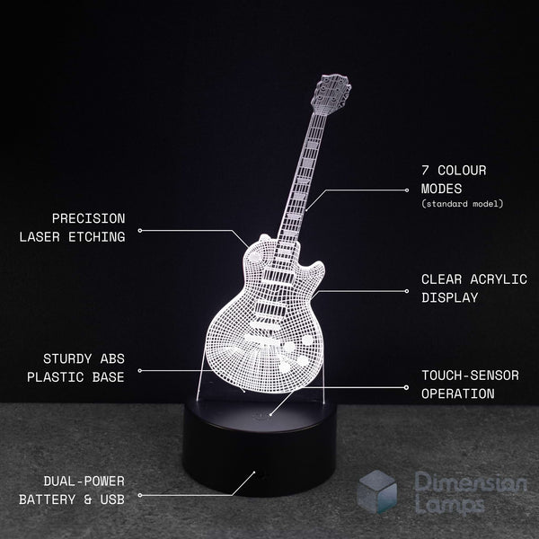 A 3D optical illusion LED night light shaped like an electric guitar, shown illuminated on a black base against a dark background, with white text callouts highlighting features such as laser etching, acrylic display, sturdy plastic base, touch sensor, and dual power.