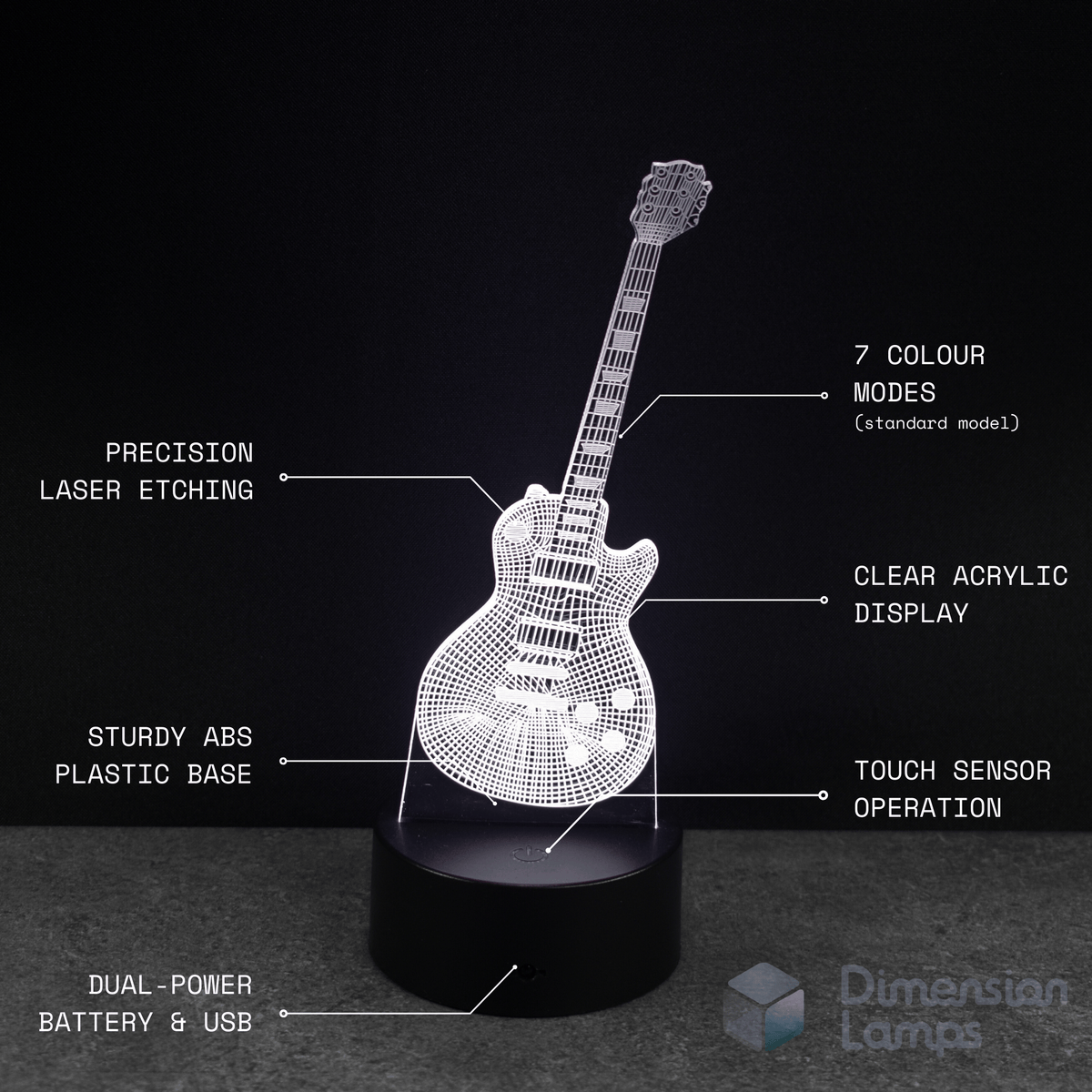 Guitar-shaped lamp with features highlighted. This lamp is a great gift idea for blues guitarists.