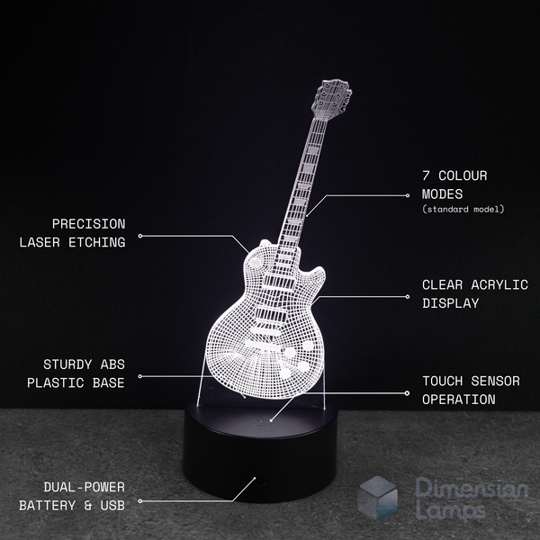 Guitar-shaped lamp with features highlighted. This lamp is a great gift idea for blues guitarists.