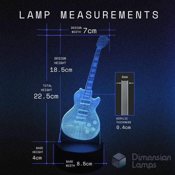 A dimension diagram of a glowing blue 3D laser-cut electric guitar lamp on a black base, with labeled measurements for width, height, and base height on a dark blue background. Text includes 'LAMP MEASUREMENTS' and 'Dimension Lamps'.