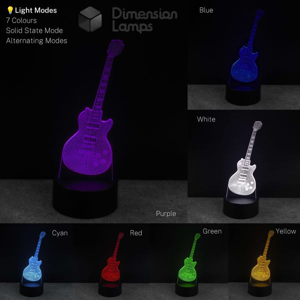 A 3D optical illusion LED lamp shaped like an electric guitar on a black stand, shown in multiple colour modes (Purple, Blue, White, Cyan, Red, Green, Yellow) on a dark background. Musician guitarist gift idea.