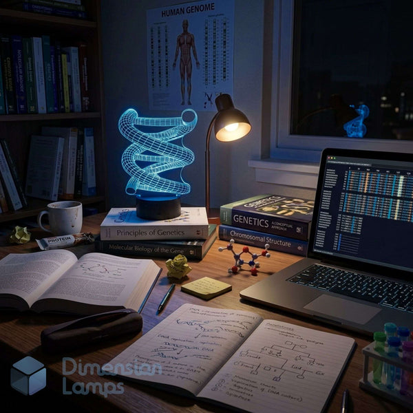 A glowing cyan 3D DNA strand LED night light on a desk next to a laptop, books, and a dimly lit study room. Dimension Lamps watermark in the corner.
