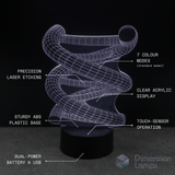 3D LED DNA Strand Double Helix shaped lamp with specifications on a dark background
