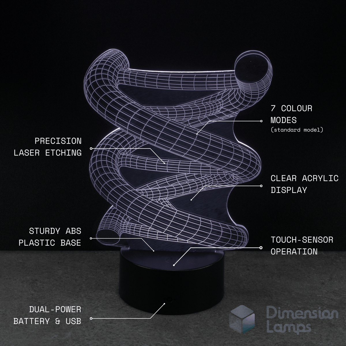 3D LED DNA Strand Double Helix shaped lamp with specifications on a dark background