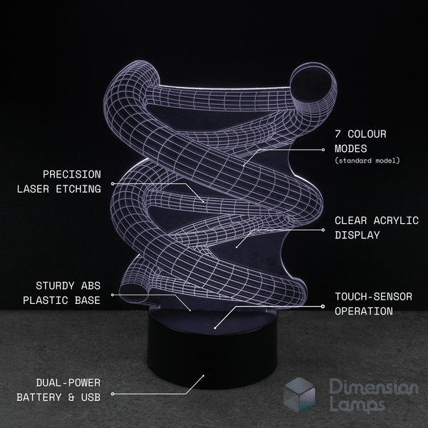 3D LED DNA Strand Double Helix shaped lamp with specifications on a dark background