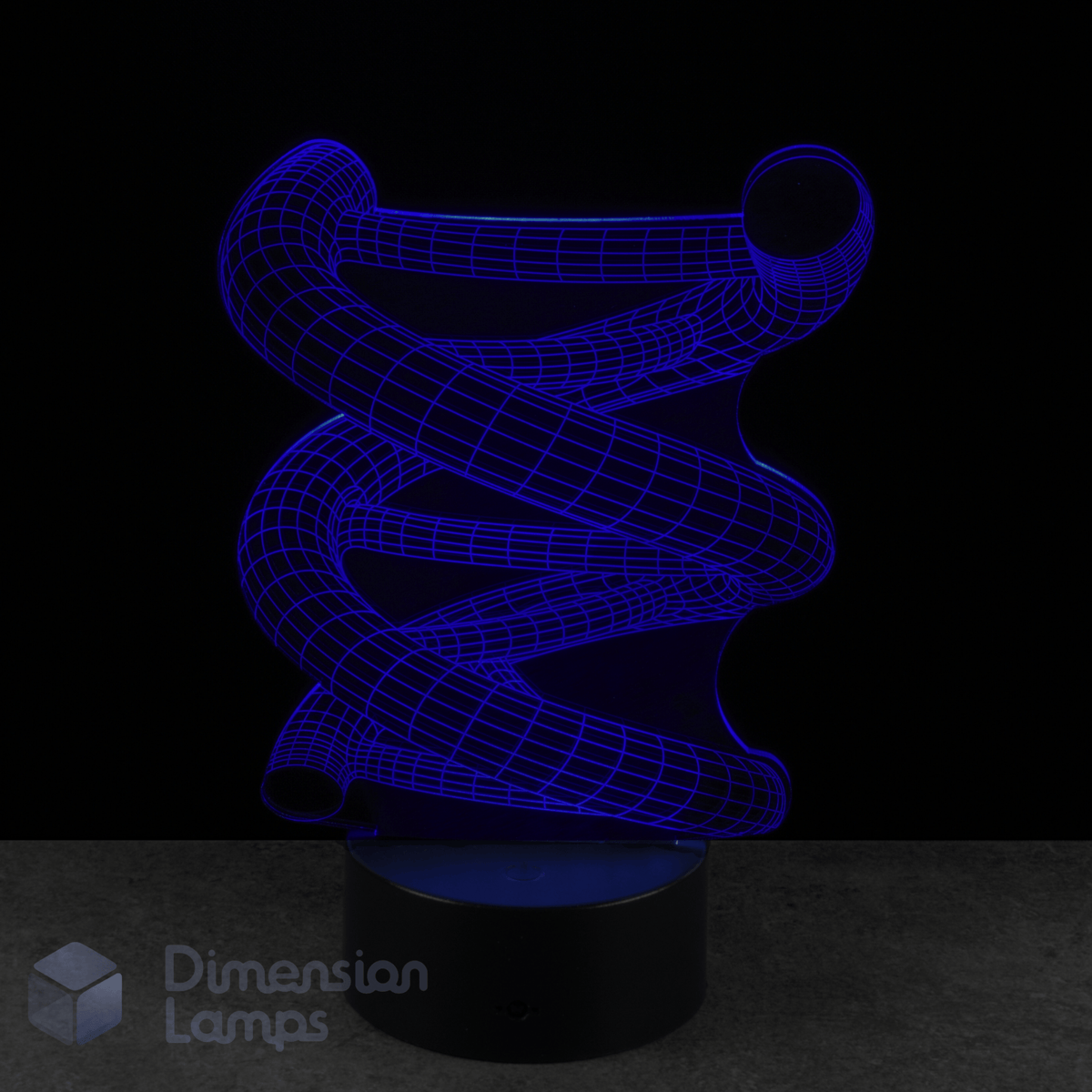 Blue 3D DNA Strand Double Helix lamp on a black background with 'Dimension Lamps' branding.