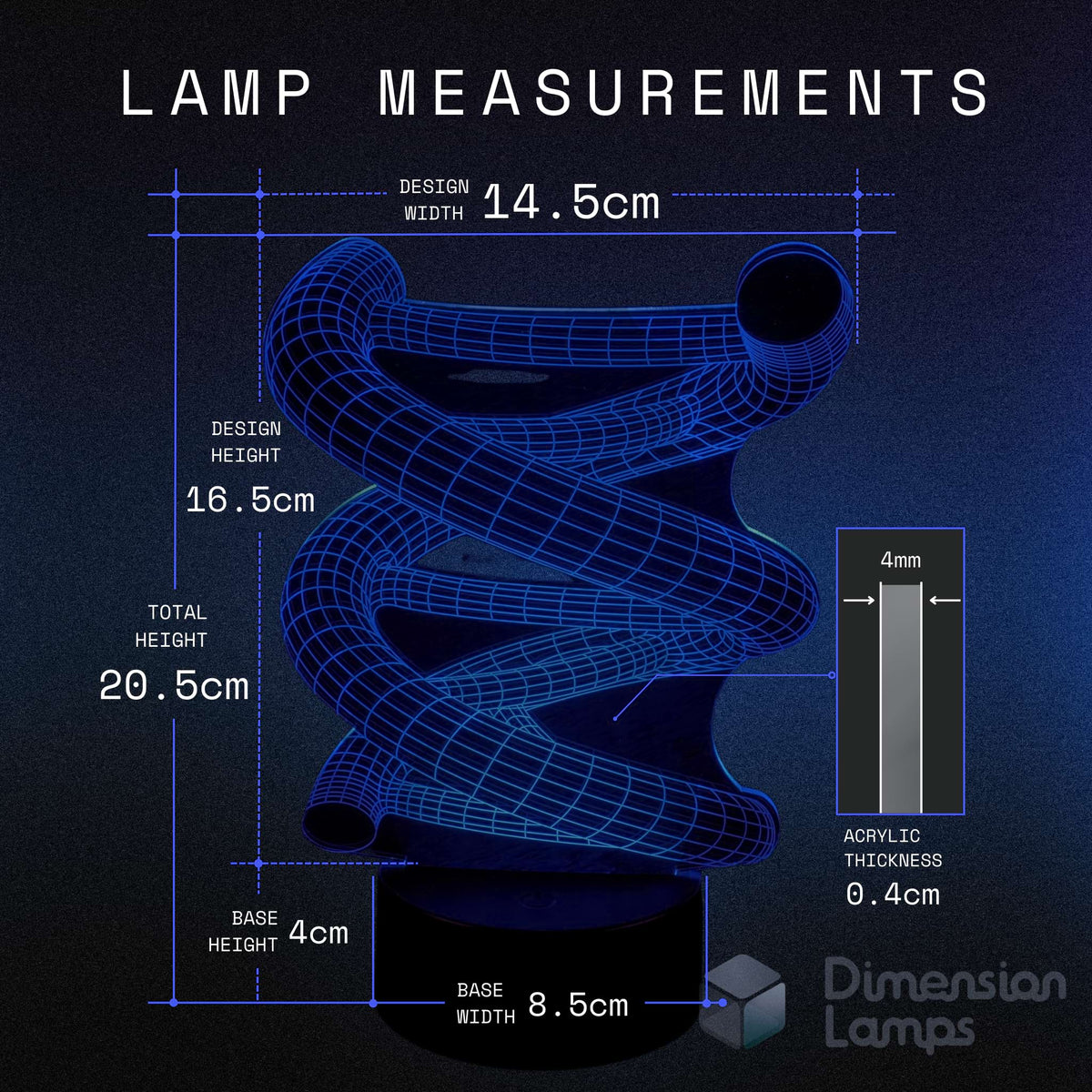 Technical drawing of a DNA Strand Double Helix lamp with measurements on a dark background. Teen gift idea.