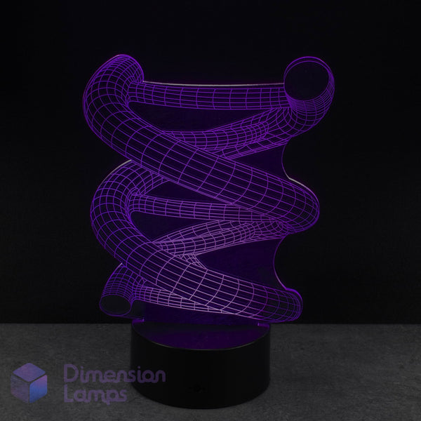 3D wireframe DNA Strand Double Helix lamp on a black background with 'Dimension Lamps' branding.