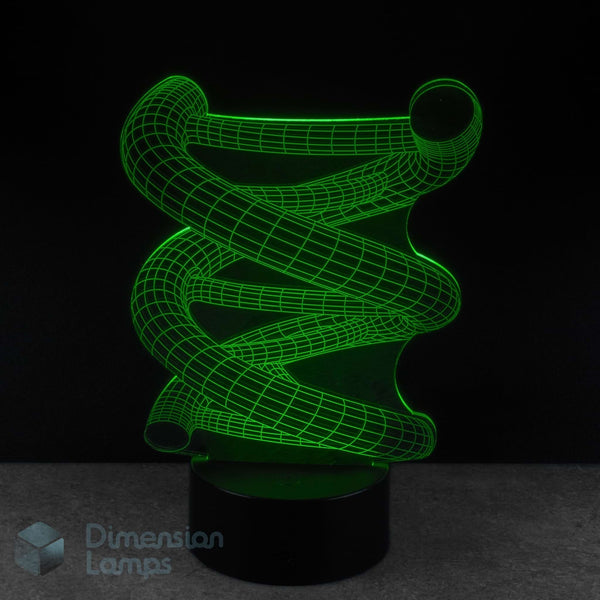 Green DNA Strand Double Helix lamp on a black background, chemistry student gift idea.