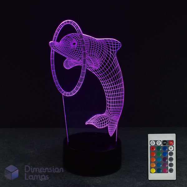 Dolphin 3d lamp in yellow with a 16 colour remote control. Gift idea for girls into dolphins.
