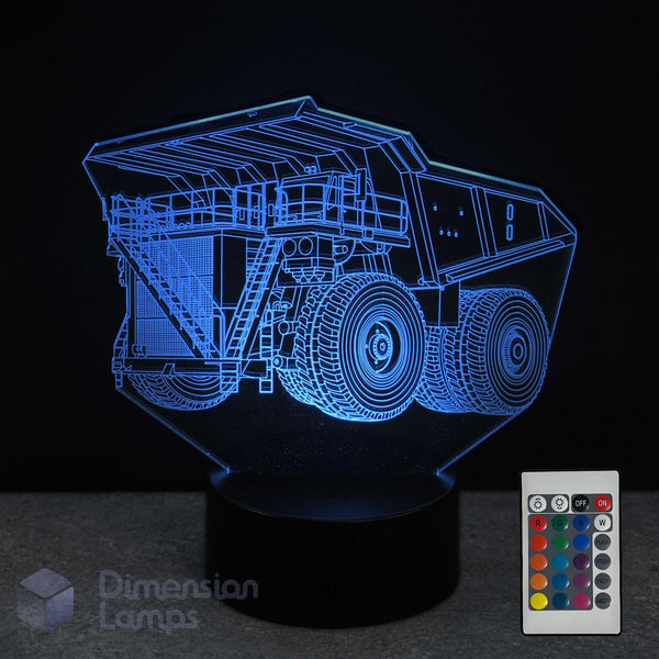 3D mining dump truck lamp design with remote control on a dark background