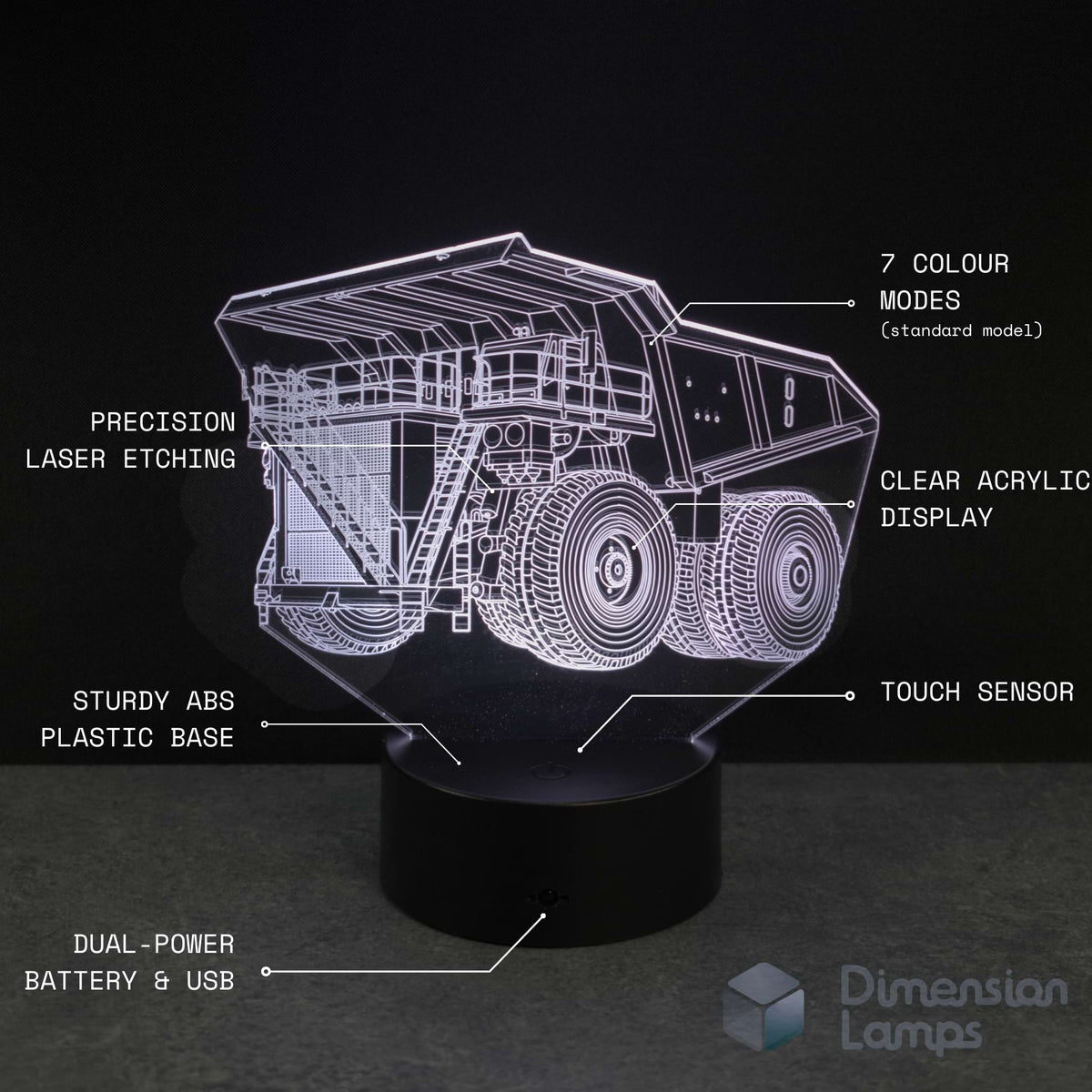 3D LED lamp shaped like a dump truck with feature text on a dark background