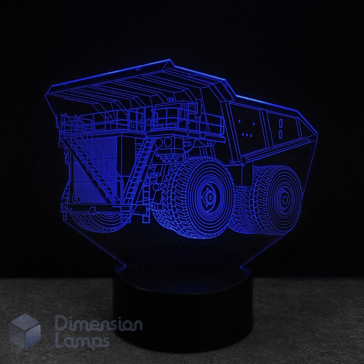 3D LED lamp shaped like a dump truck on a black background with 'Dimension Lamps' branding.