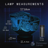 Dump truck lamp with measurements on a dark background