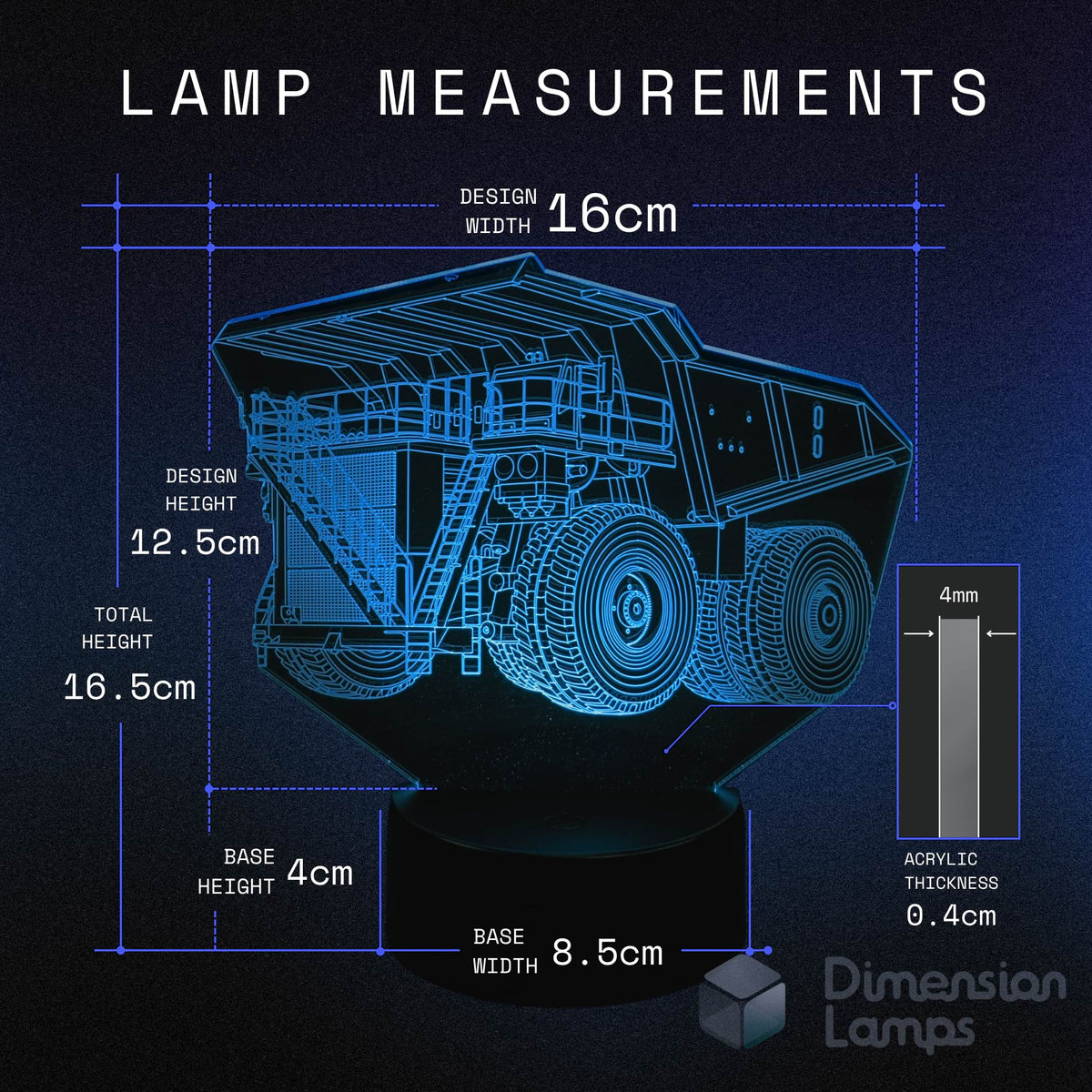 Dump truck lamp with measurements on a dark background