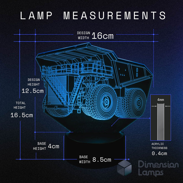 Dump truck lamp with measurements on a dark background