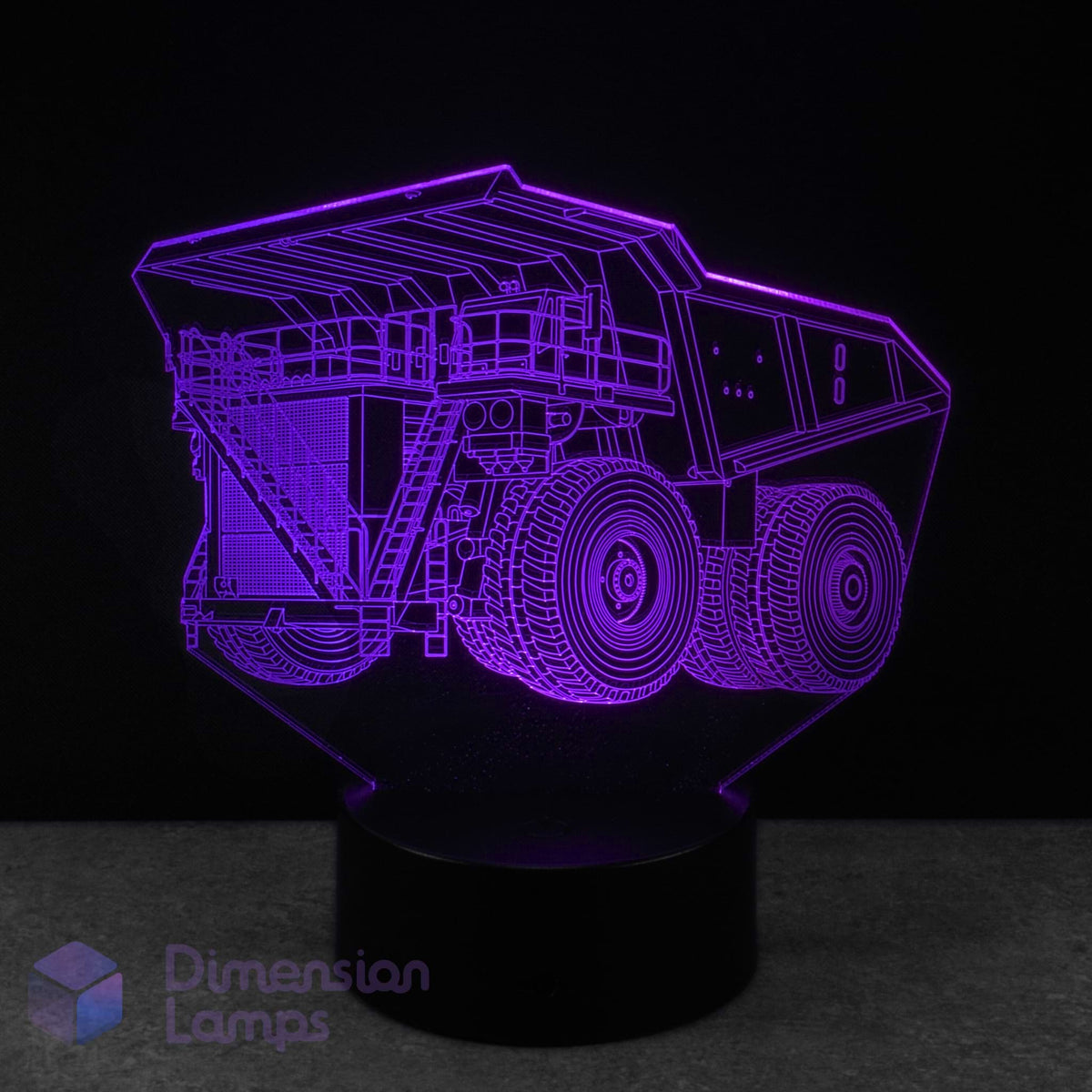 3D lamp shaped like a dump truck with purple lighting on a dark background