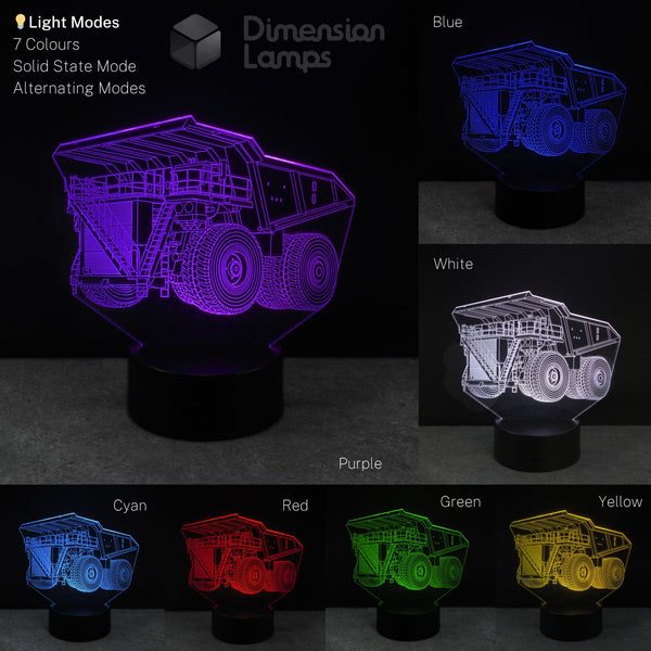 7-color 3D lamp with a truck design on a dark background, construction themed gift.