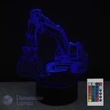 3D LED lamp shaped like an excavator construction digger with a remote control on a dark background
