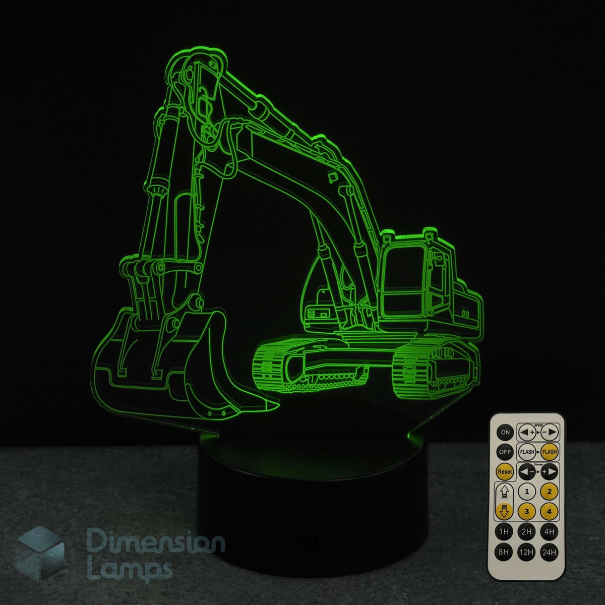 3D LED lamp shaped like an excavator with a remote control on a dark background