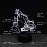 3D LED lamp shaped like an excavator construction digger with feature text on a black background