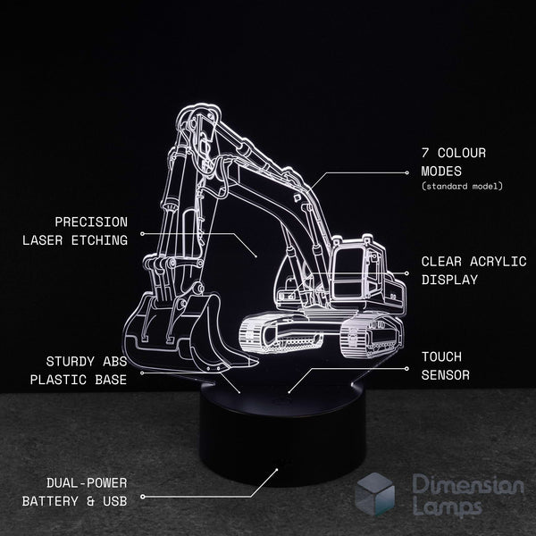 3D LED lamp shaped like an excavator construction digger with feature text on a black background