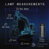 Measurement chart of an excavator-shaped lamp with dimensions on a dark background