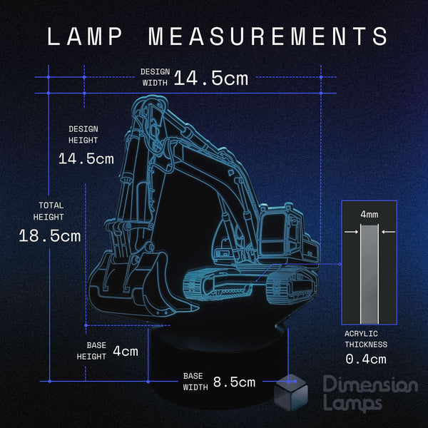 Measurement chart of an excavator-shaped lamp with dimensions on a dark background