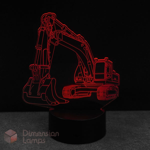 3D lamp shaped like a construction digger excavator on a black background with 'Dimension Lamps' branding.